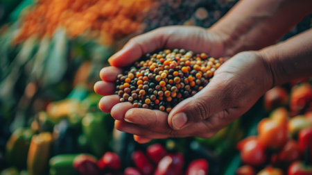 A close-up of hands holding a mix of colorful peppercorns, with a blurred background of various fresh produce.の素材