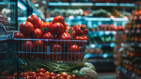 A shopping basket filled with fresh red tomatoes in a grocery store, highlighting freshness and healthy food choices.の素材