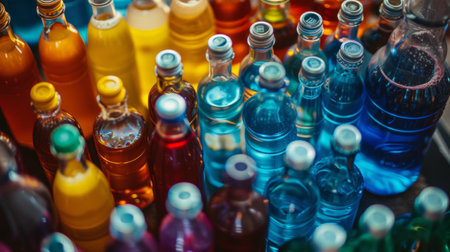 An overhead view of various colorful bottles filled with beverages, arranged in an artistic manner.の素材