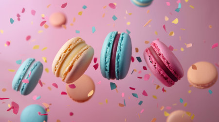 Colorful macarons floating in mid-air with confetti, creating a festive and playful atmosphere.の素材