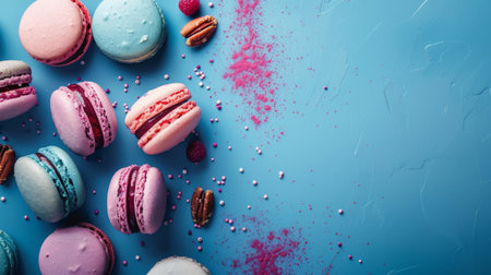 A variety of pastel-colored macarons arranged on a blue background, surrounded by sprinkles and nuts, emphasizing a sweet and festive atmosphere.の素材