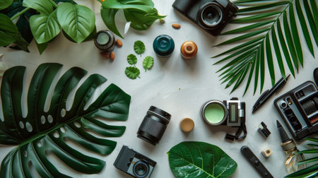 A flat lay of photography equipment and botanical items, including cameras, lenses, and green leaves, arranged creatively for an artistic display.の素材