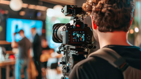 A filmmaker operates a professional camera on set, capturing a scene with blurred background activity, emphasizing the art of film production.の素材