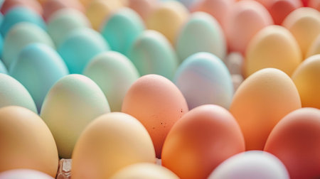 A close-up of pastel-colored Easter eggs, arranged in a soft, gradient pattern, perfect for springtime and holiday celebrations.の素材