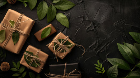 Beautifully wrapped gifts in eco-friendly paper with natural leaves, emphasizing sustainable and environmentally conscious gift wrapping.の素材