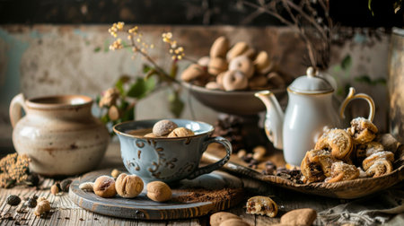 A rustic tea set with cookies arranged on a wooden table, creating a warm and inviting scene perfect for cozy gatherings and tea time.の素材