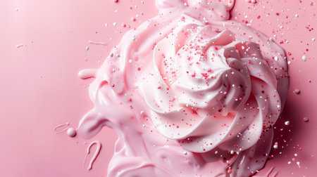 Pink whipped cream with sprinkles on a pink background, creating a playful and whimsical scene perfect for dessert or celebration themes.の素材