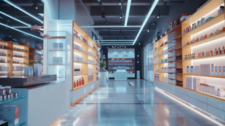 A modern cosmetic store interior with well-organized shelves and bright lighting, creating a clean and inviting shopping environment.の素材