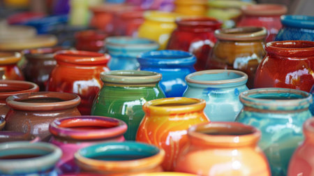 Colorful ceramic pots displayed in a market setting, showcasing their vibrant glazes and artistic craftsmanship, perfect for home decor themes.の素材