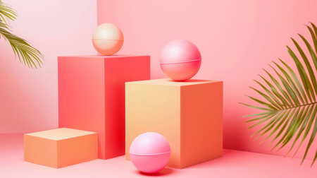 Colorful spheres arranged on geometric pedestals with a pink background, creating a playful and modern art composition.の素材