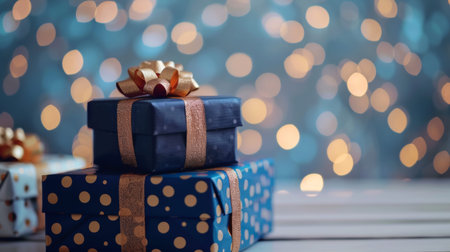A close-up of beautifully wrapped gifts in festive paper and ribbons, with a bokeh background creating a magical holiday atmosphere.の素材