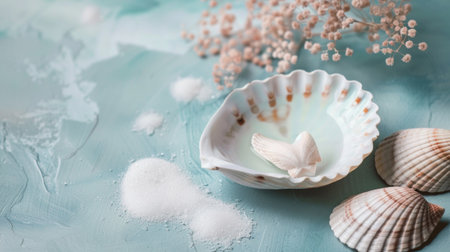 Seashells and bath salts artistically arranged on an aqua textured surface, creating a serene and coastal-inspired spa scene with a touch of elegance.の素材