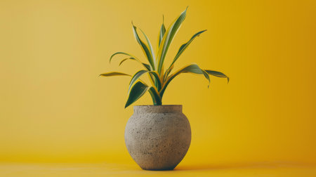 A green plant in a rustic, textured pot placed against a vibrant yellow background, creating a striking contrast and minimalist aesthetic.の素材