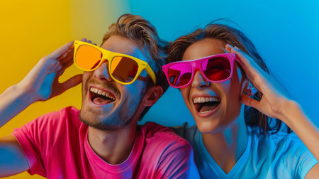 A happy couple wearing bright, colorful sunglasses, smiling and laughing against a vibrant yellow and blue background, capturing a fun and joyful moment.の素材