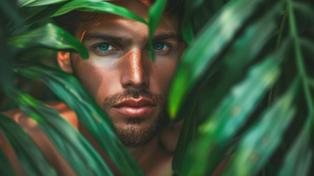 A man peeking through lush tropical leaves, his face partially hidden, evoking a sense of mystery and adventure in a vibrant, natural setting.の素材