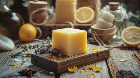 A handmade soap bar placed among natural ingredients like lemons, lavender, and spices on a rustic wooden table, showcasing organic and eco-friendly beauty products.の素材