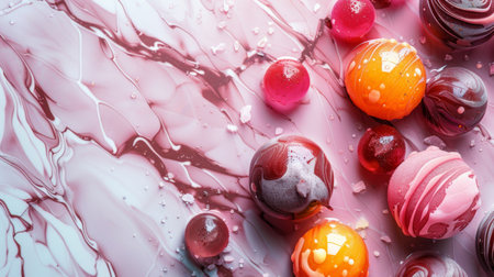A collection of colorful marble effect candies placed on a pink surface, offering a visually striking and appetizing look, perfect for confectionery displays.の素材