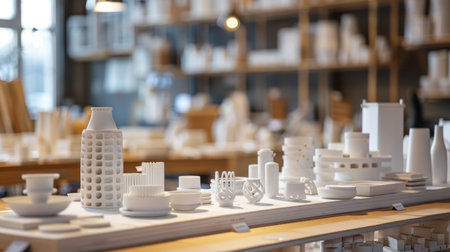 A collection of 3D printed white miniature models displayed in a workshop, showcasing intricate designs and the possibilities of modern 3D printing technology.の素材