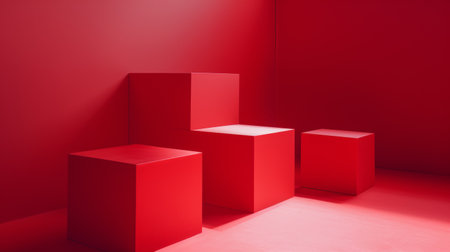 Simple yet striking arrangement of minimalistic red cubes in a geometric abstract setup, emphasizing clean lines and bold color.の素材