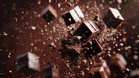 Dramatic shot of chocolate pieces exploding and captured in mid-air, showcasing a dynamic and exciting visual of sweet treats.の素材