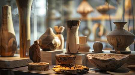 A selection of handcrafted wooden vases and bowls displayed in a well-lit gallery. The intricate designs and natural wood textures create a visually appealing and artisanal scene, perfect for art and craft themes.の素材