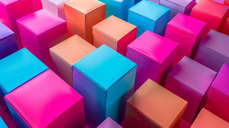 A vibrant collection of colorful gift boxes arranged in a geometric pattern, creating a visually appealing and festive composition. Perfect for celebrations and holidays.の素材