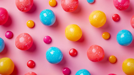 An assortment of colorful balls and candies arranged on a pink background, creating a playful and cheerful scene. Ideal for themes related to sweets and celebrations.の素材