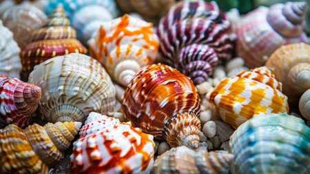 A close-up shot of colorful seashells, showing their intricate patterns and vibrant colors. Ideal for themes related to nature, marine life, and beach decor.の素材
