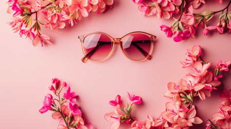 A pair of stylish sunglasses surrounded by pink flowers on a pink background, creating a fashionable and vibrant accessory scene perfect for summer themes.の素材