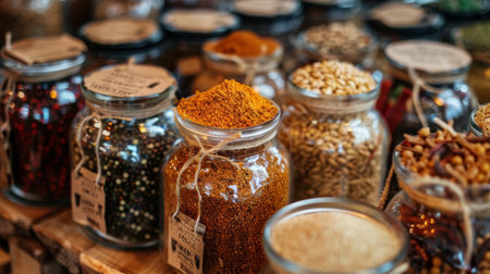 Jars filled with an assortment of spices, including peppercorns and paprika, neatly arranged on a wooden shelf, creating a colorful and aromatic display.の素材