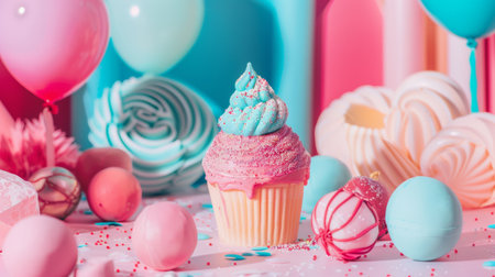 A beautifully decorated cupcake in pastel colors, surrounded by festive balloons and candy, creating a fun and playful scene.の素材