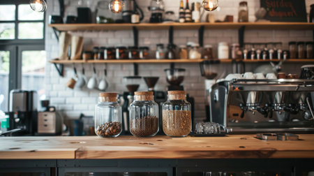 A cozy cafe interior with jars of ingredients and coffee equipment on wooden shelves, creating a warm and inviting ambiance.の素材