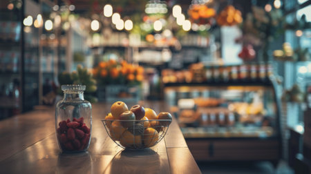 A cozy grocery store scene with a focus on a jar of strawberries and a bowl of mixed fruits, set on a wooden counter with warm lighting and a blurred background.の素材