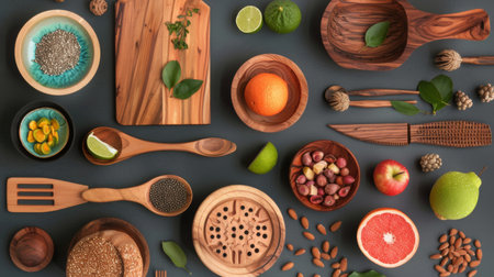 A flat lay composition of wooden kitchen utensils and fresh produce, including citrus fruits, nuts, and seeds, arranged on a dark background, highlighting natural and organic elements.の素材