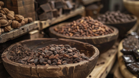 A rustic display of bowls filled with cocoa beans and various spices, set on wooden shelves in a cozy, earthy atmosphere, highlighting natural ingredients.の素材