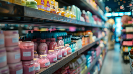 A vibrant display of colorful cosmetic products arranged on store shelves, creating an inviting and visually appealing scene with various beauty items.の素材