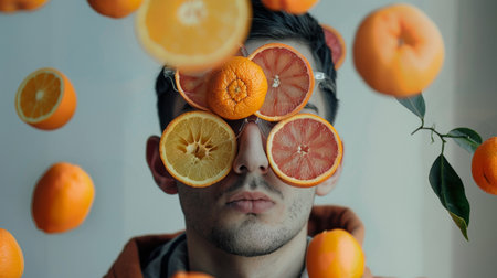 A playful portrait of a person wearing glasses with floating citrus fruits, creating a fun and creative visual effect with vibrant colors and unique composition.の素材