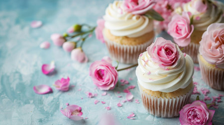 Beautifully decorated cupcakes with pink roses and petals on a blue background, creating an elegant and charming dessert presentation.の素材