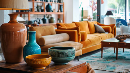 A modern living room featuring vibrant decor with colorful vases, a cozy orange sofa, and stylish furnishings, creating a welcoming and trendy space.の素材