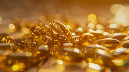 A collection of golden capsules glistening with a warm, radiant glow, capturing their shiny and reflective surface in a close-up shot.の素材