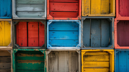 A vibrant display of colorful wooden crates stacked in a neat grid pattern, showcasing their varied textures and hues.の素材