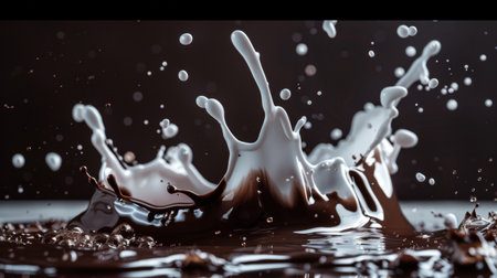 A dramatic splash of milk and chocolate captured in mid-air, showing the dynamic and fluid motion against a dark background.の素材