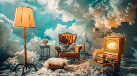 A surreal living room scene with clouds surrounding vintage furniture, including an armchair, lamp, and an old TV, creating a dreamy atmosphere.の素材