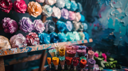 A vibrant display of colorful paintbrushes and flower decorations in an artist's studio, showcasing creativity and artistic tools.の素材