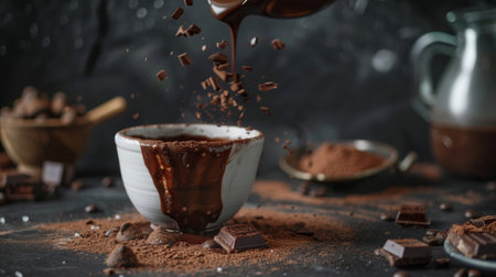 A rich hot chocolate being poured into a cup surrounded by cocoa powder and chocolate pieces, creating a warm and indulgent scene.の素材