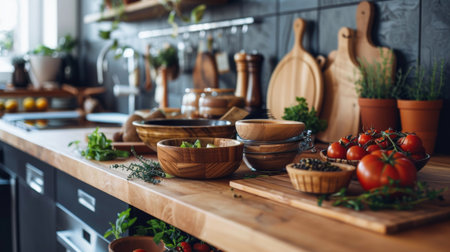 A modern kitchen countertop with fresh vegetables, herbs, and wooden bowls, showcasing a vibrant and healthy cooking environment.の素材
