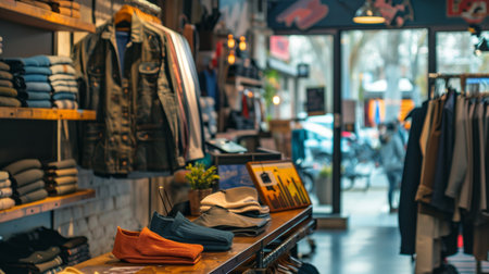 A clothing store interior with neatly folded clothes and jackets on display, creating a stylish and organized retail environment.の素材