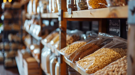 Bulk food items such as grains and seeds neatly packed in clear bags on shelves in a grocery store, emphasizing variety and organization.の素材