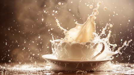 A dramatic capture of milk splashing in a cup with dynamic lighting, emphasizing motion and creating a visually striking beverage scene.の素材