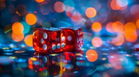 Close-up of red dice on a reflective surface with colorful bokeh lights in the background, creating a vibrant and playful atmosphere.の素材